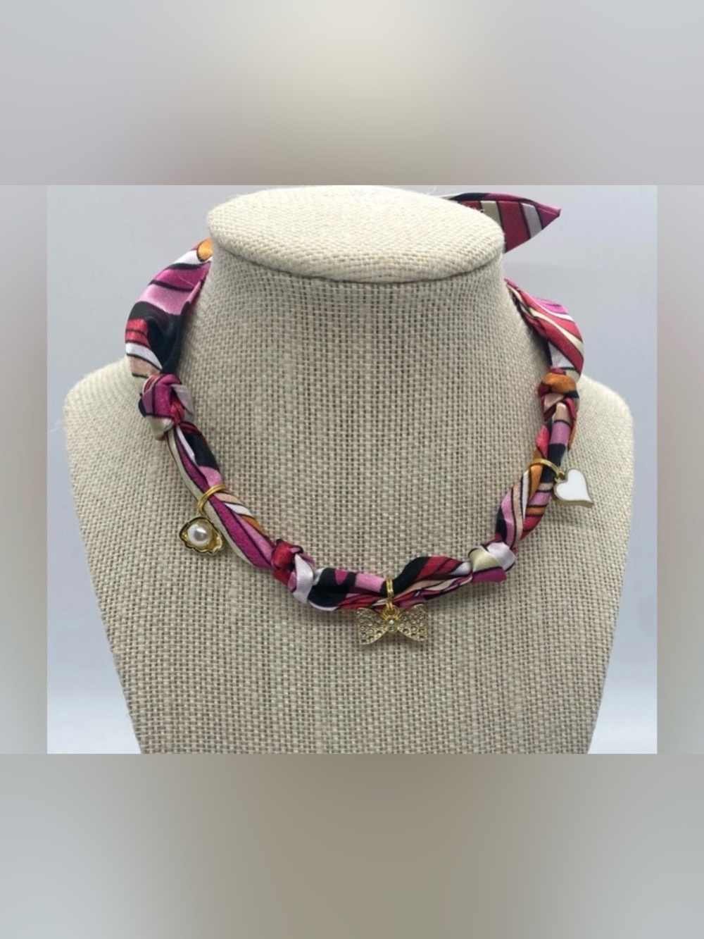 Pink Brown Mod Satin Scarf Charm Necklace Preppy Feminine Retro Festival Boho